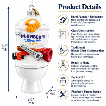 Fix-It Plumber Throne with Plunger & Wrench Glass Christmas Ornament