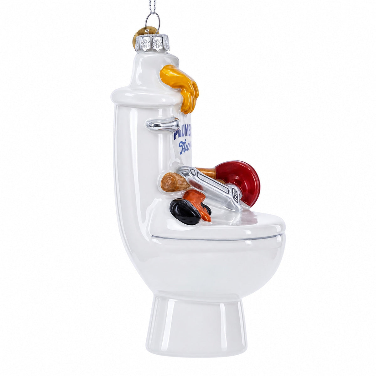 Fix-It Plumber Throne with Plunger & Wrench Glass Christmas Ornament