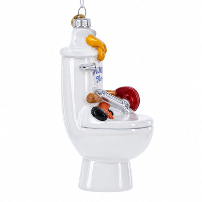 Fix-It Plumber Throne with Plunger & Wrench Glass Christmas Ornament