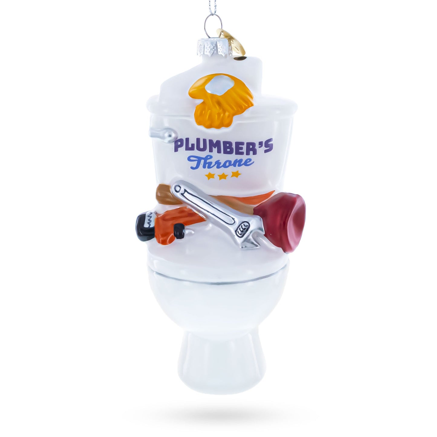 Fix-It Plumber Throne with Plunger & Wrench Glass Christmas Ornament