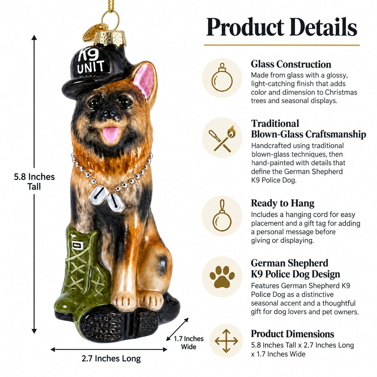 German Shepherd K9 Hero Service Dog Glass Christmas Ornament
