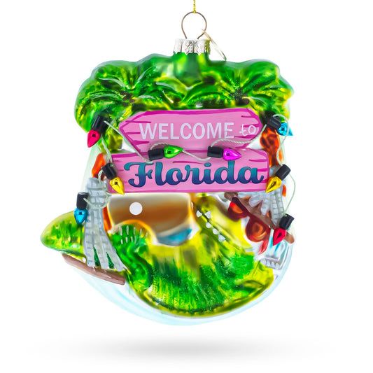 Florida Palm Tree Welcome Sign Glass Christmas Ornament