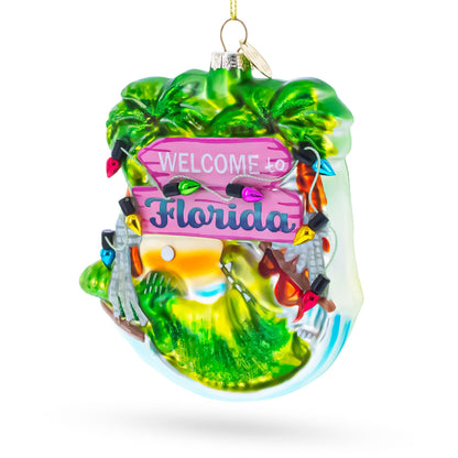 Florida Palm Tree Welcome Sign Glass Christmas Ornament