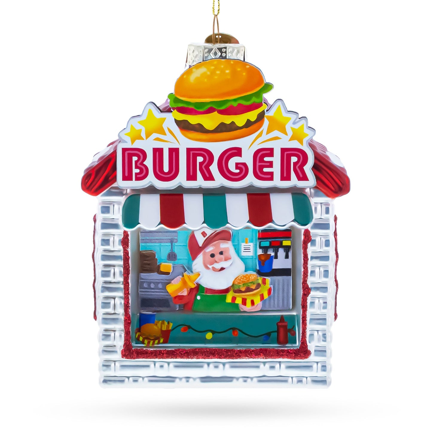 Santa’s Holiday Burger Stand Glass Christmas Ornament