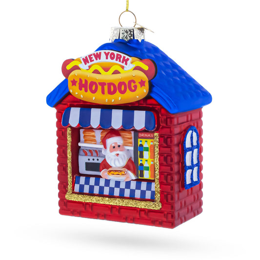 New York Hot Dog Stand with Santa Glass Christmas Ornament
