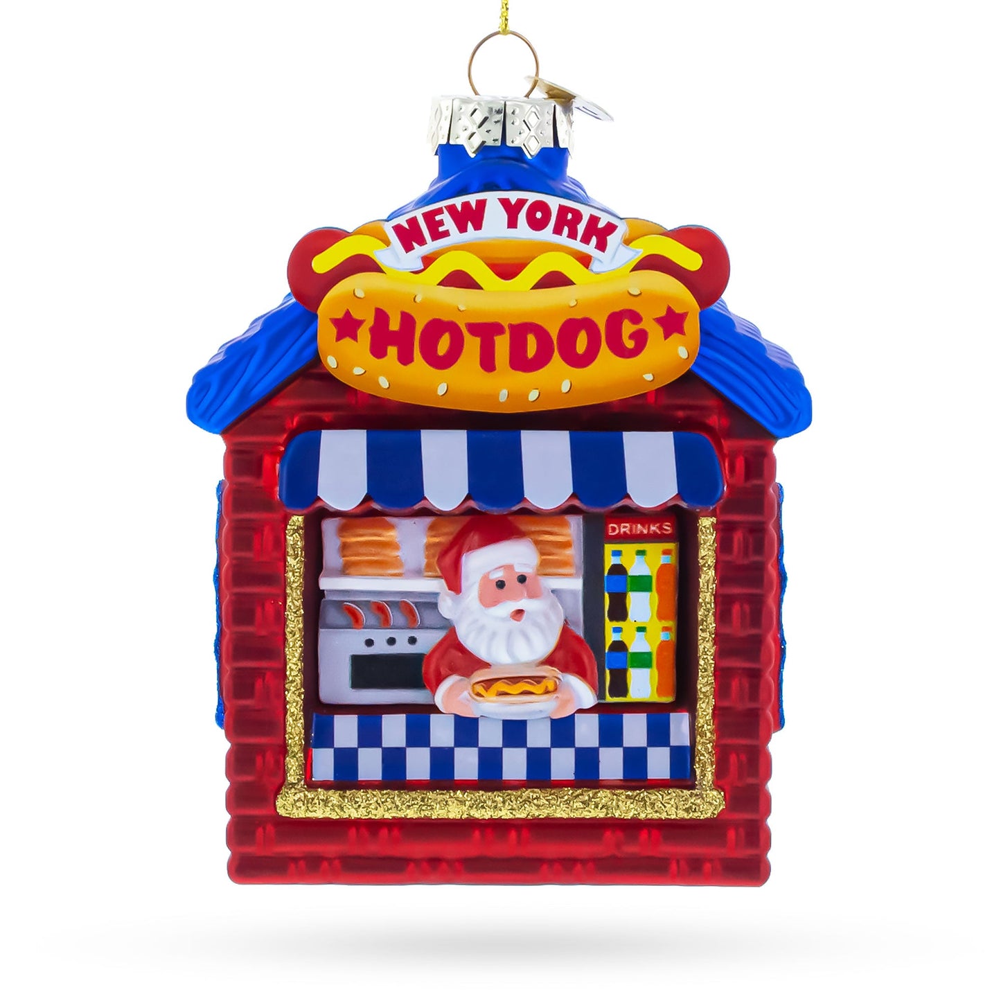 New York Hot Dog Stand with Santa Glass Christmas Ornament