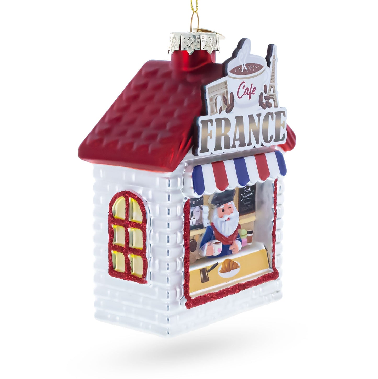 French Cafe with Santa Glass Christmas Ornament