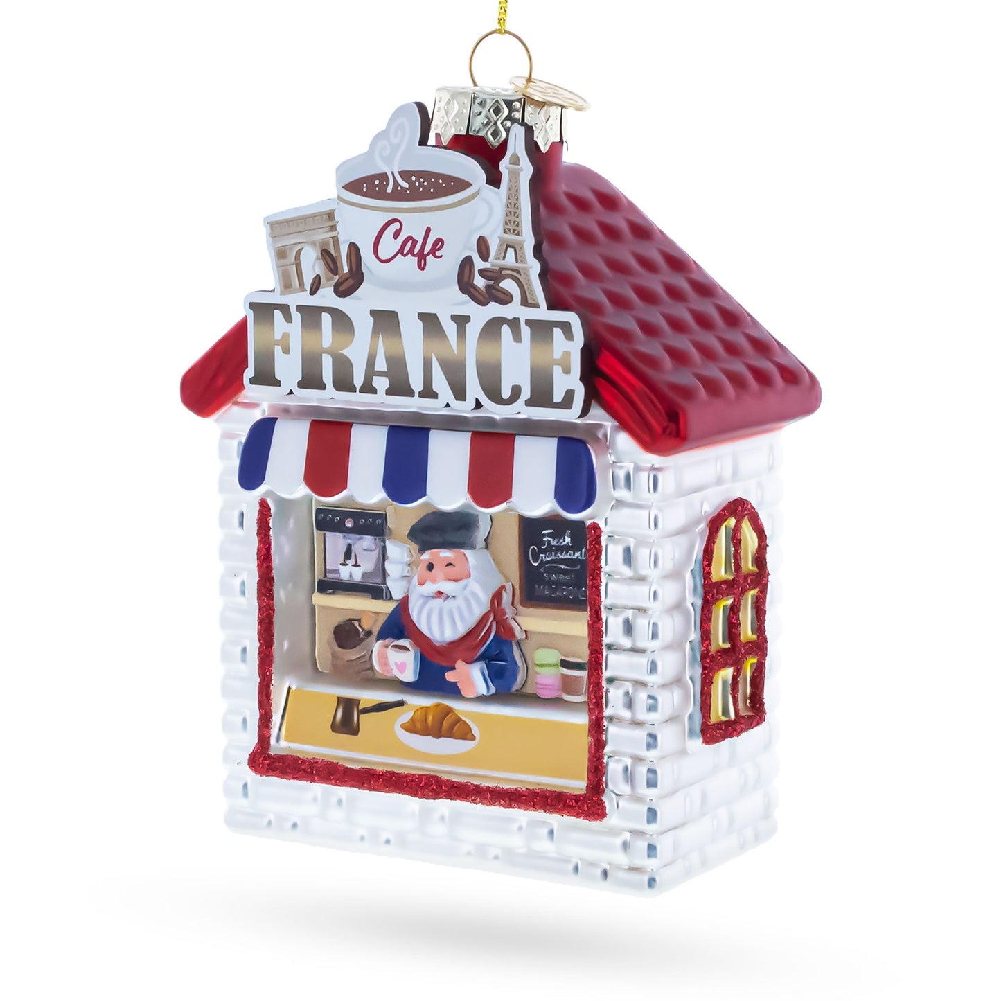French Cafe with Santa Glass Christmas Ornament