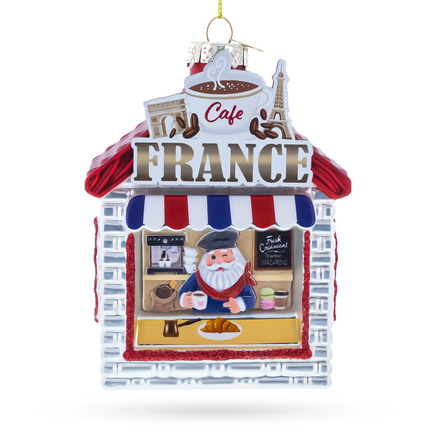French Cafe with Santa Glass Christmas Ornament