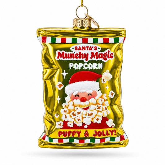 Santa’s Christmas Popcorn Bag Glass Christmas Ornament