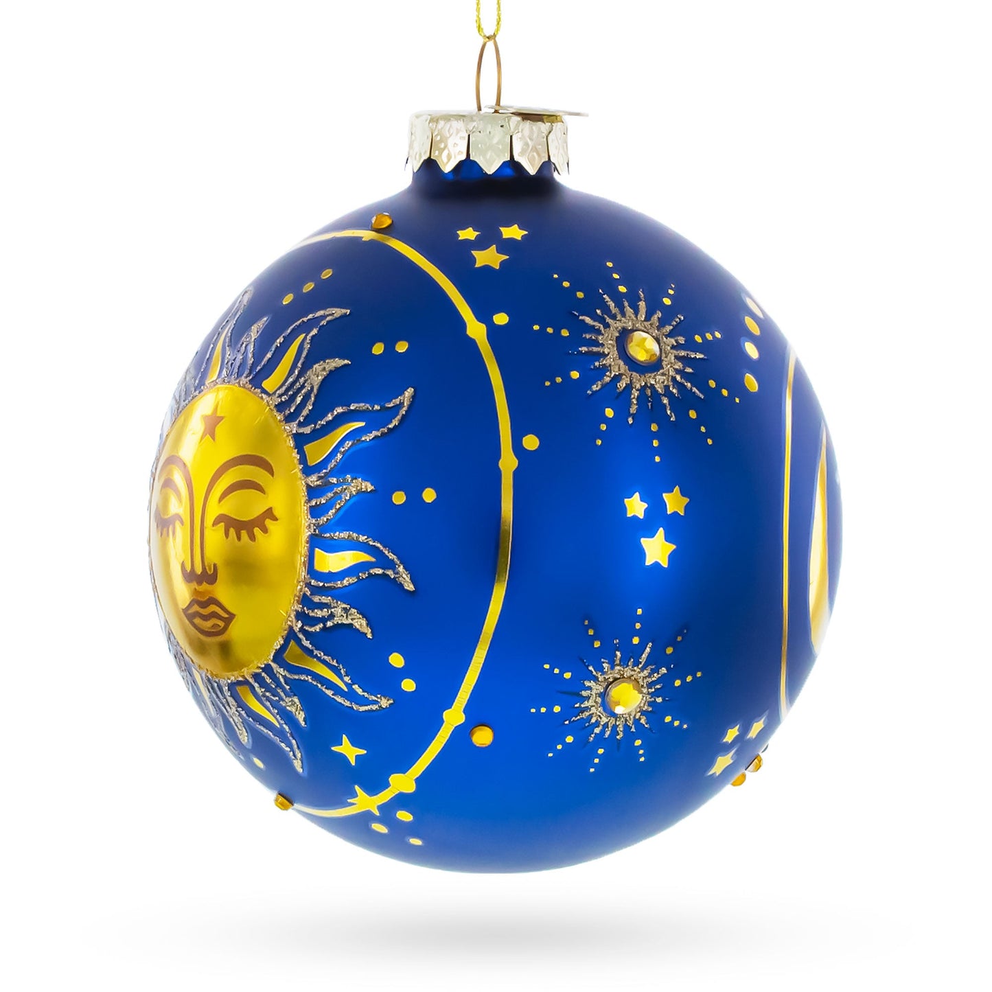Blue Celestial Sun Face and Moon Glass Ball Christmas Ornament