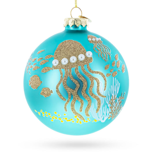Ocean Jellyfish and Coral Teal Glass Ball Christmas Ornament