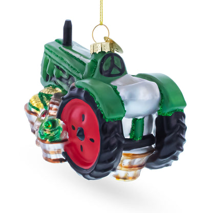 Green Tractor with Crop Barrels Glass Christmas Ornament