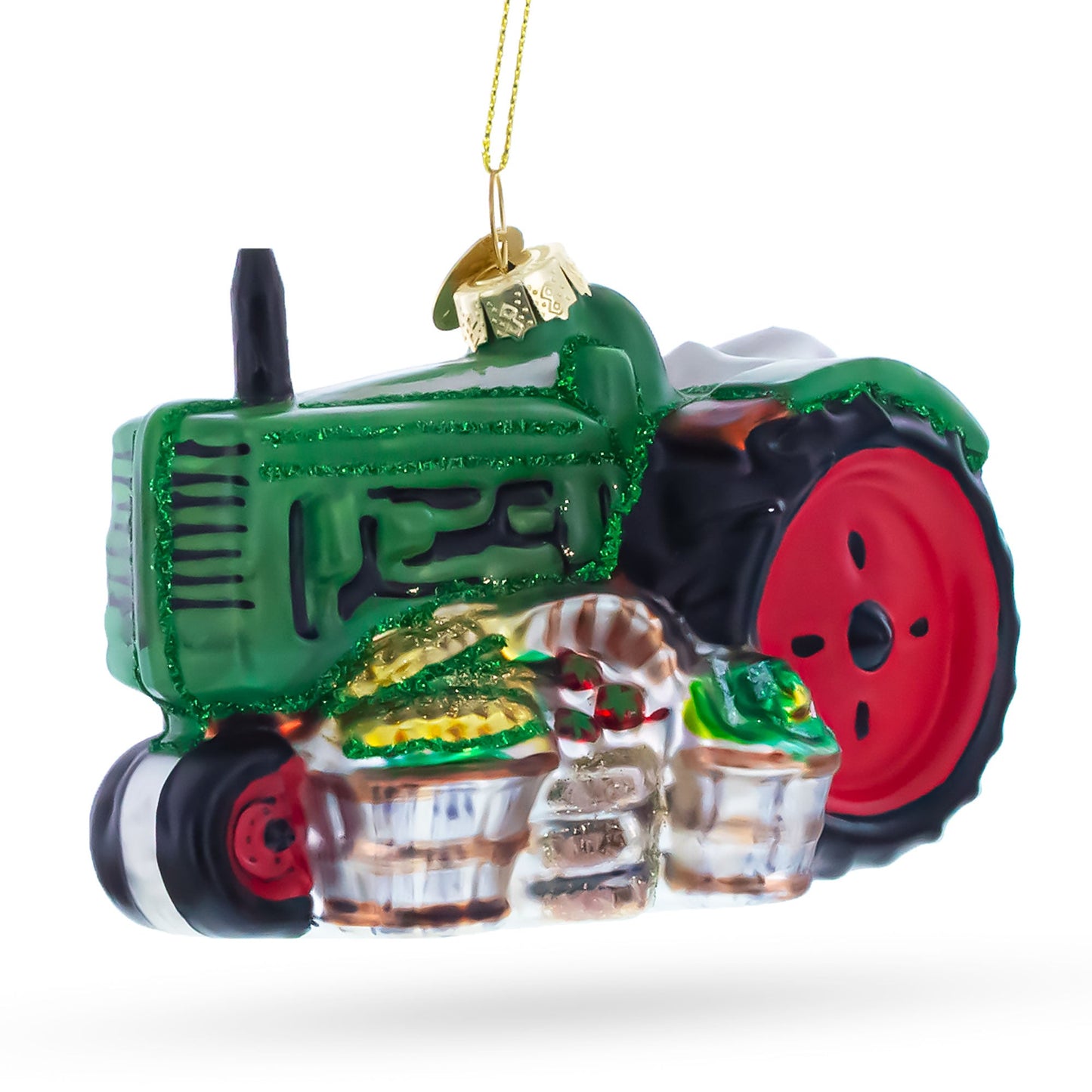 Green Tractor with Crop Barrels Glass Christmas Ornament