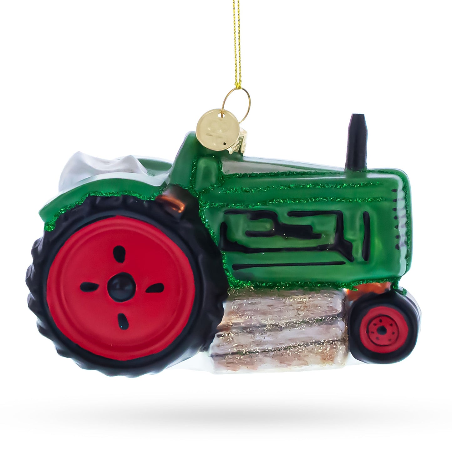 Green Tractor with Crop Barrels Glass Christmas Ornament