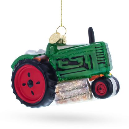 Green Tractor with Crop Barrels Glass Christmas Ornament