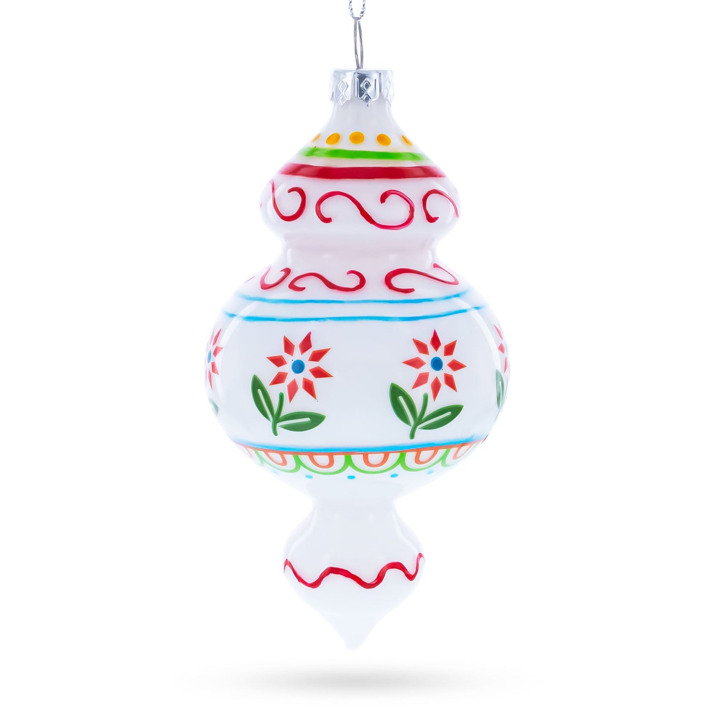 Red Flowers and Swirls Glass Christmas Ornament