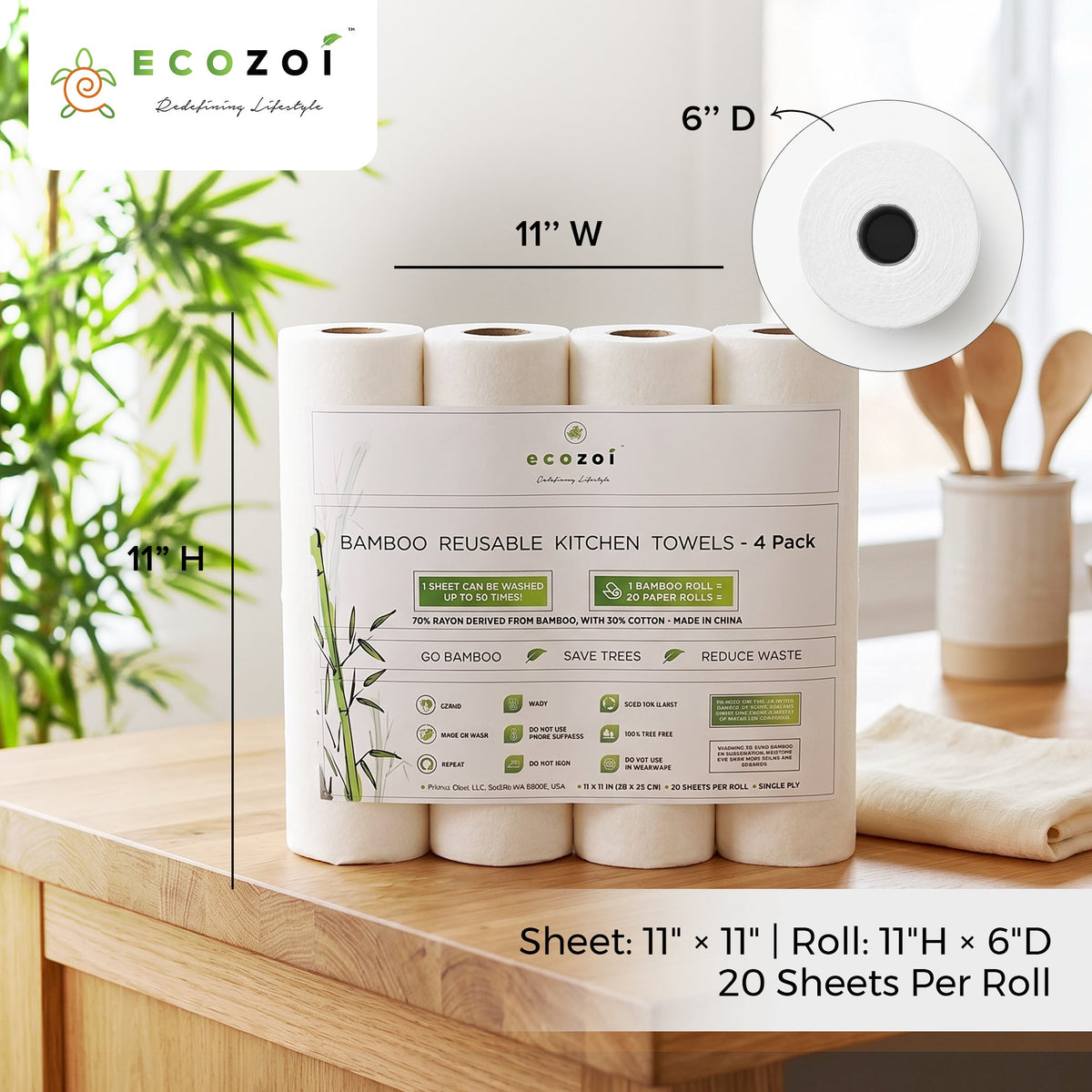 Reusable Bamboo Kitchen Paper Towels - Tree-Free, Eco-Friendly Rolls, 4-Pack