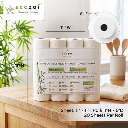 Reusable Bamboo Kitchen Paper Towels - Tree-Free, Eco-Friendly Rolls, 4-Pack
