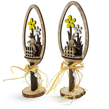 Set of 2 Rustic Wooden Easter Egg Decorations – Handmade Bunny & Flower Tabletop Decor