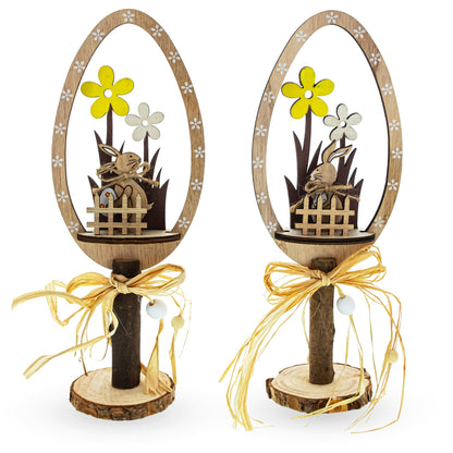 Set of 2 Rustic Wooden Easter Egg Decorations – Handmade Bunny & Flower Tabletop Decor