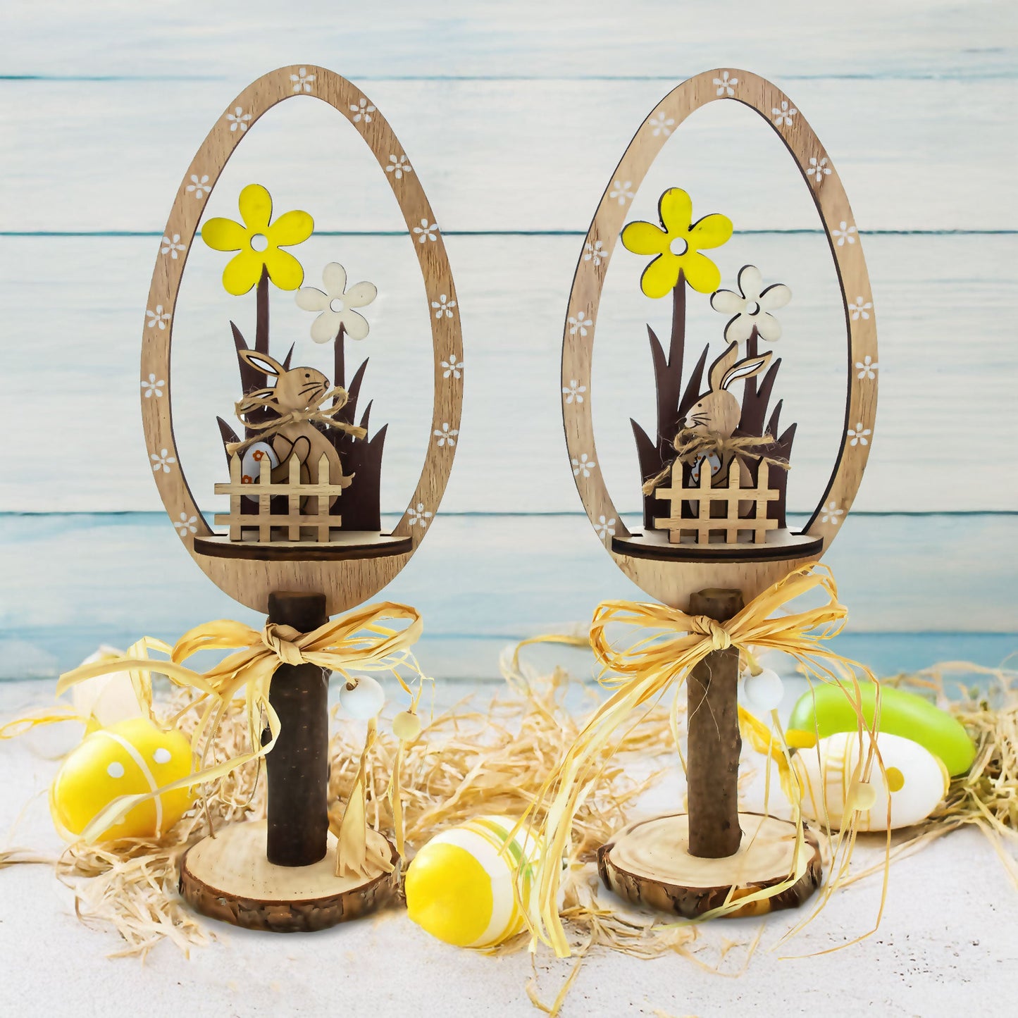 Set of 2 Rustic Wooden Easter Egg Decorations – Handmade Bunny & Flower Tabletop Decor