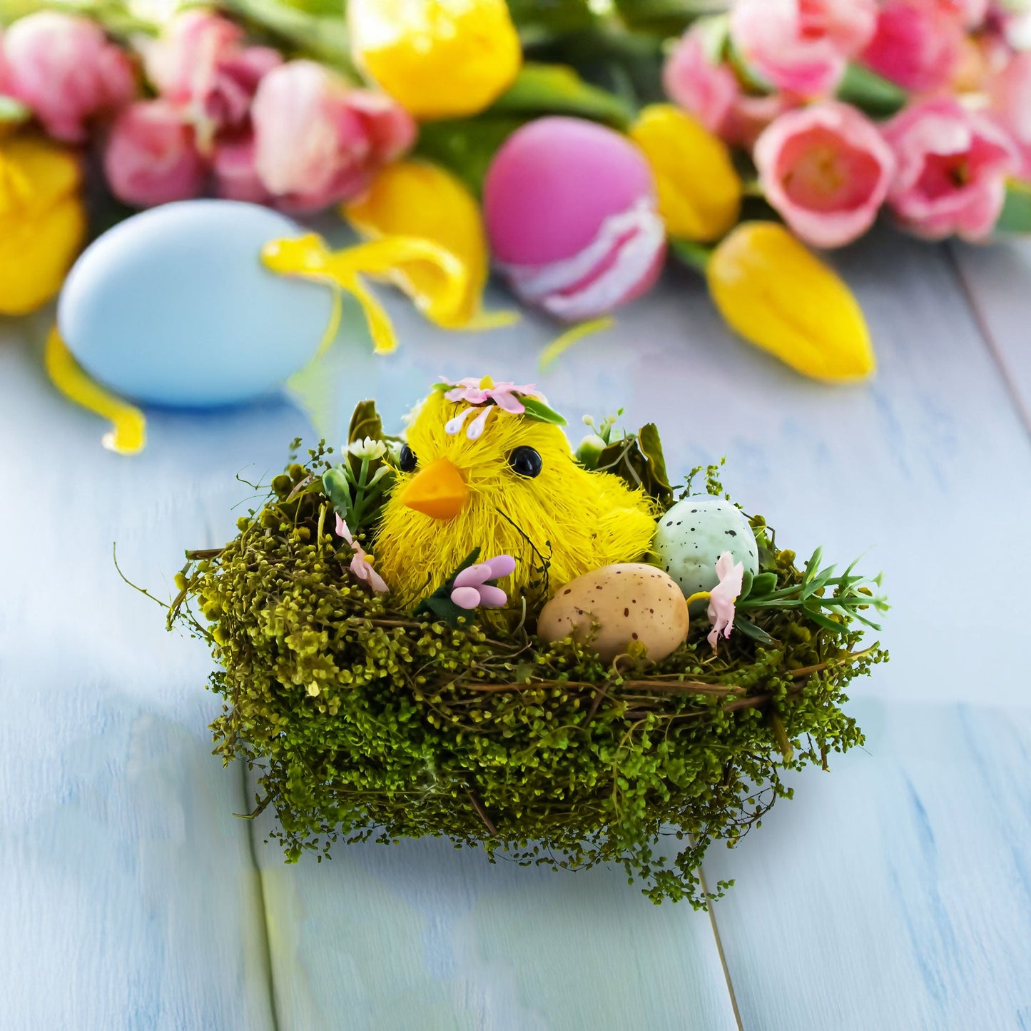 Nestled Chick Amidst Colorful Treasures