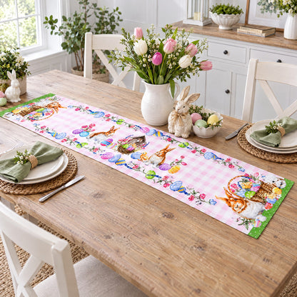 Whimsical Bunny and Colorful Eggs Easter Table Runner