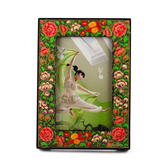 Oriental Hand Painted Flowers Wooden Picture Frame 7 Inches x 5 Inches