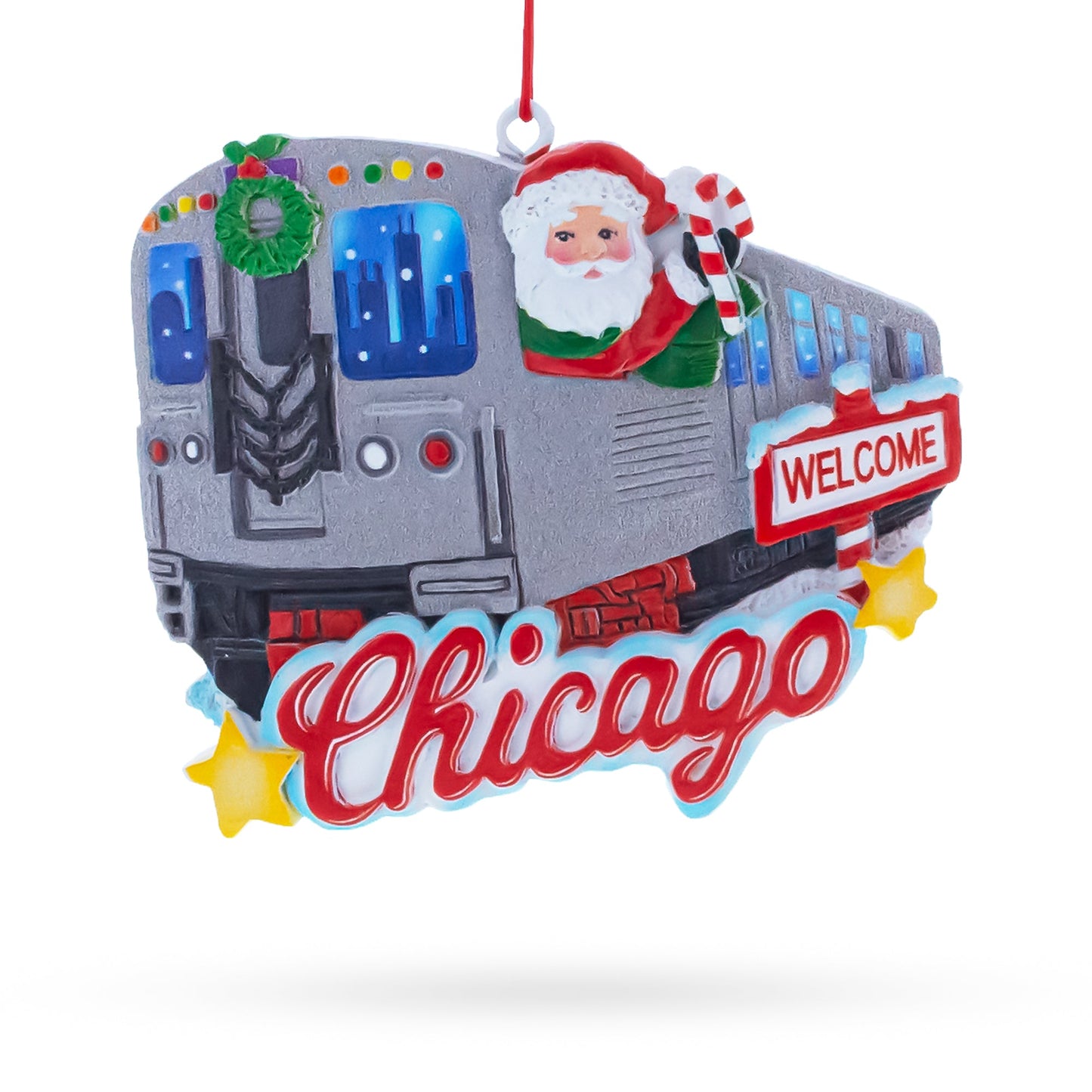 Chicago Train with Santa and Welcome Sign Resin Christmas Ornament