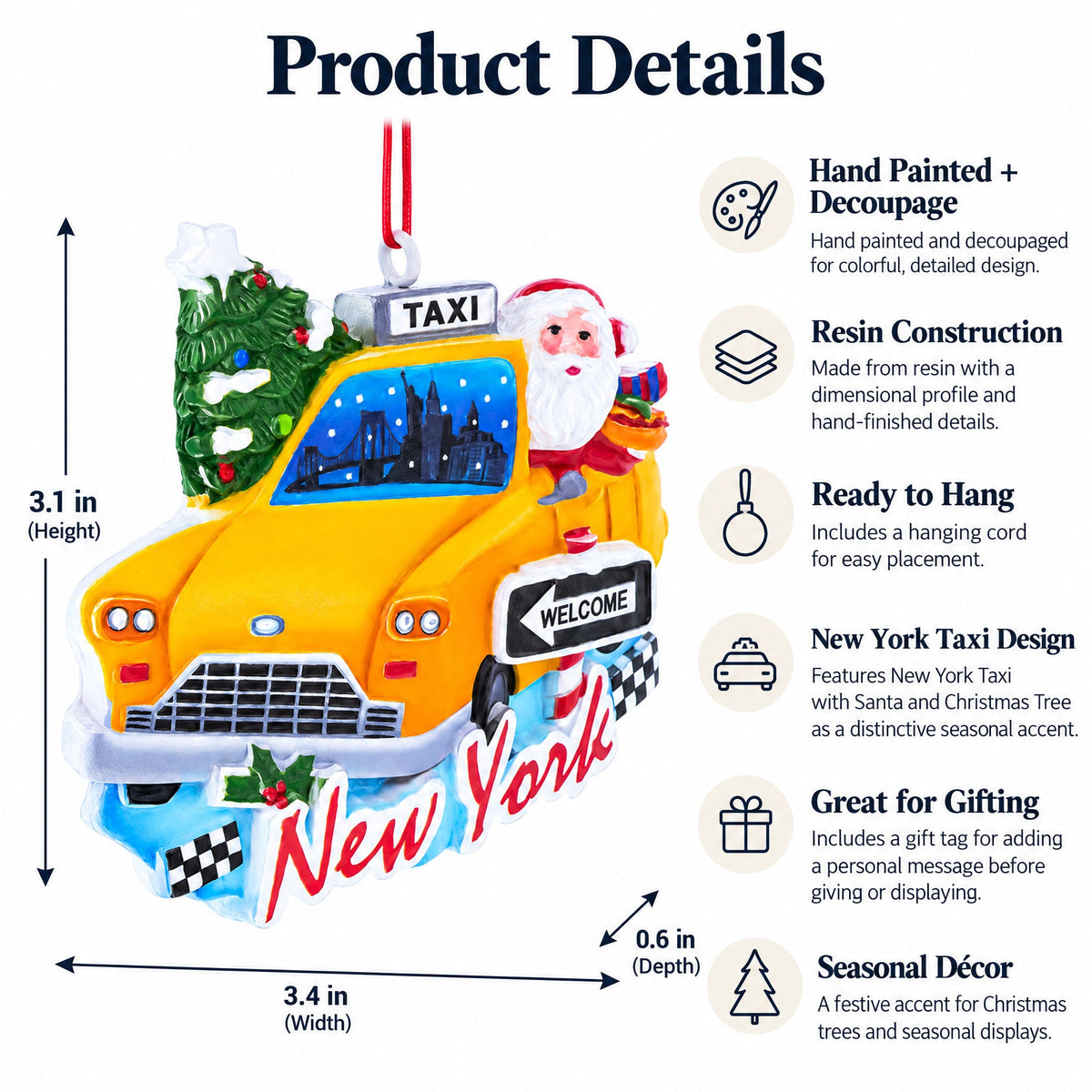 New York Taxi with Santa and Christmas Tree Resin Christmas Ornament