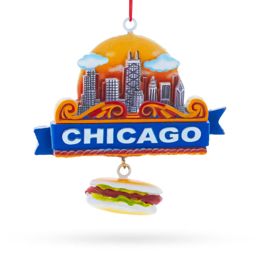 Chicago Skyline with Hot Dog Resin Christmas Ornament