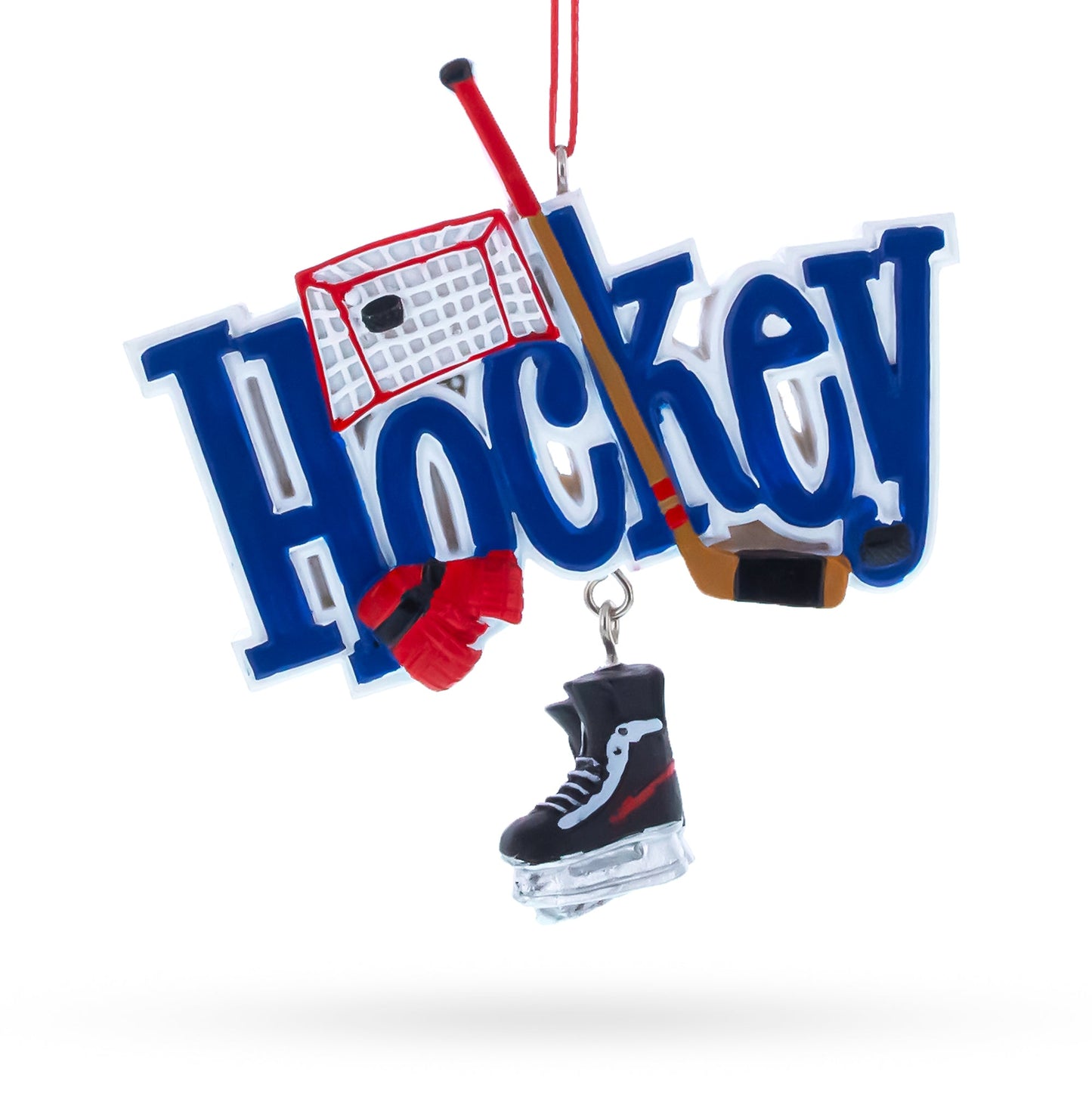 Hockey Word Art with Skates and Stick Resin Christmas Ornament