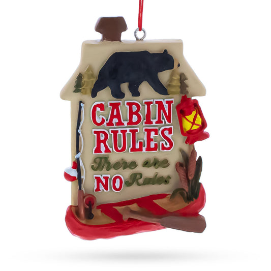 Rustic Cabin Rules Sign with Bear and Canoe Resin Christmas Ornament