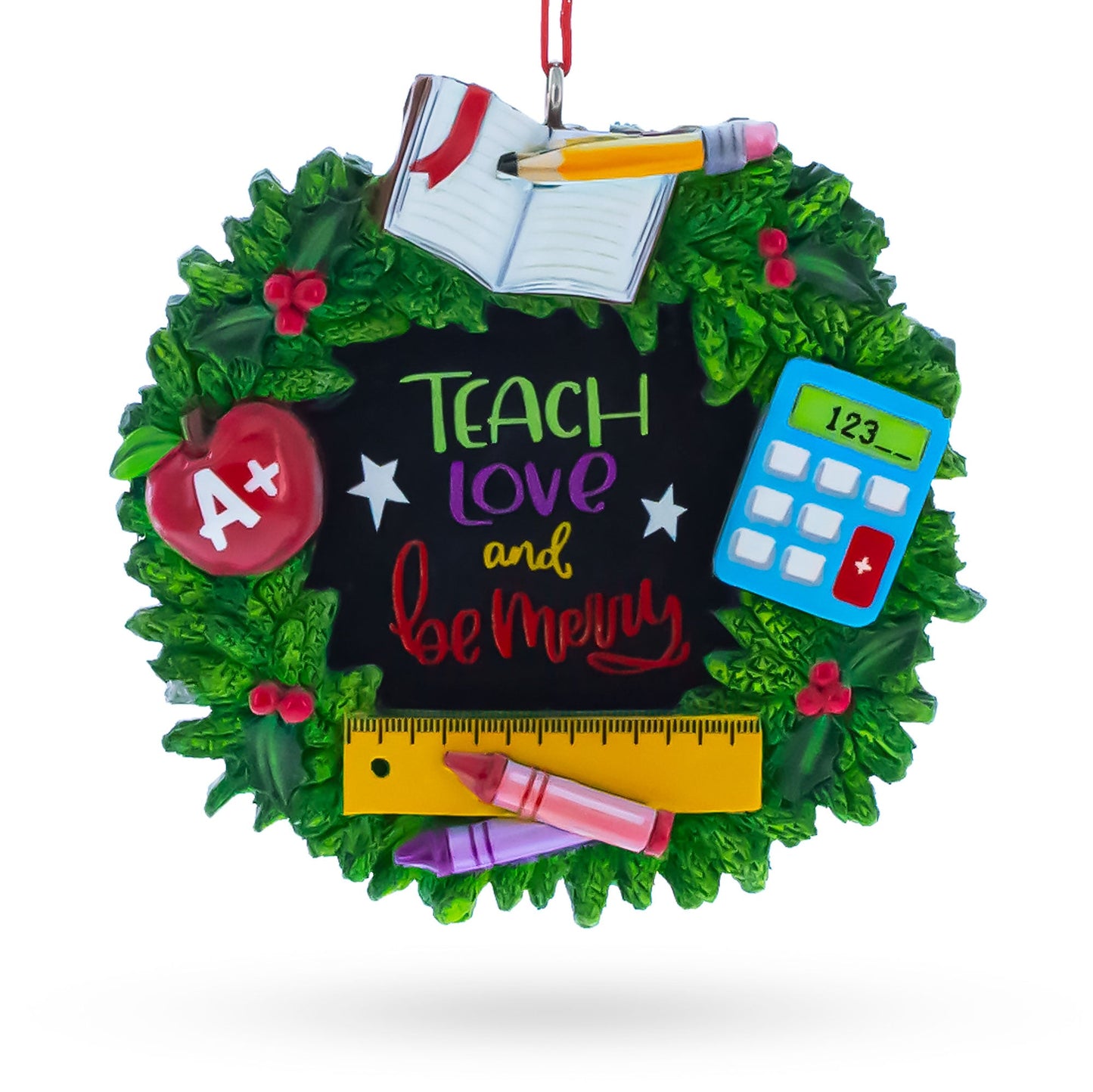 Teacher’s Apple Ruler Crayons Wreath Resin Christmas Ornament