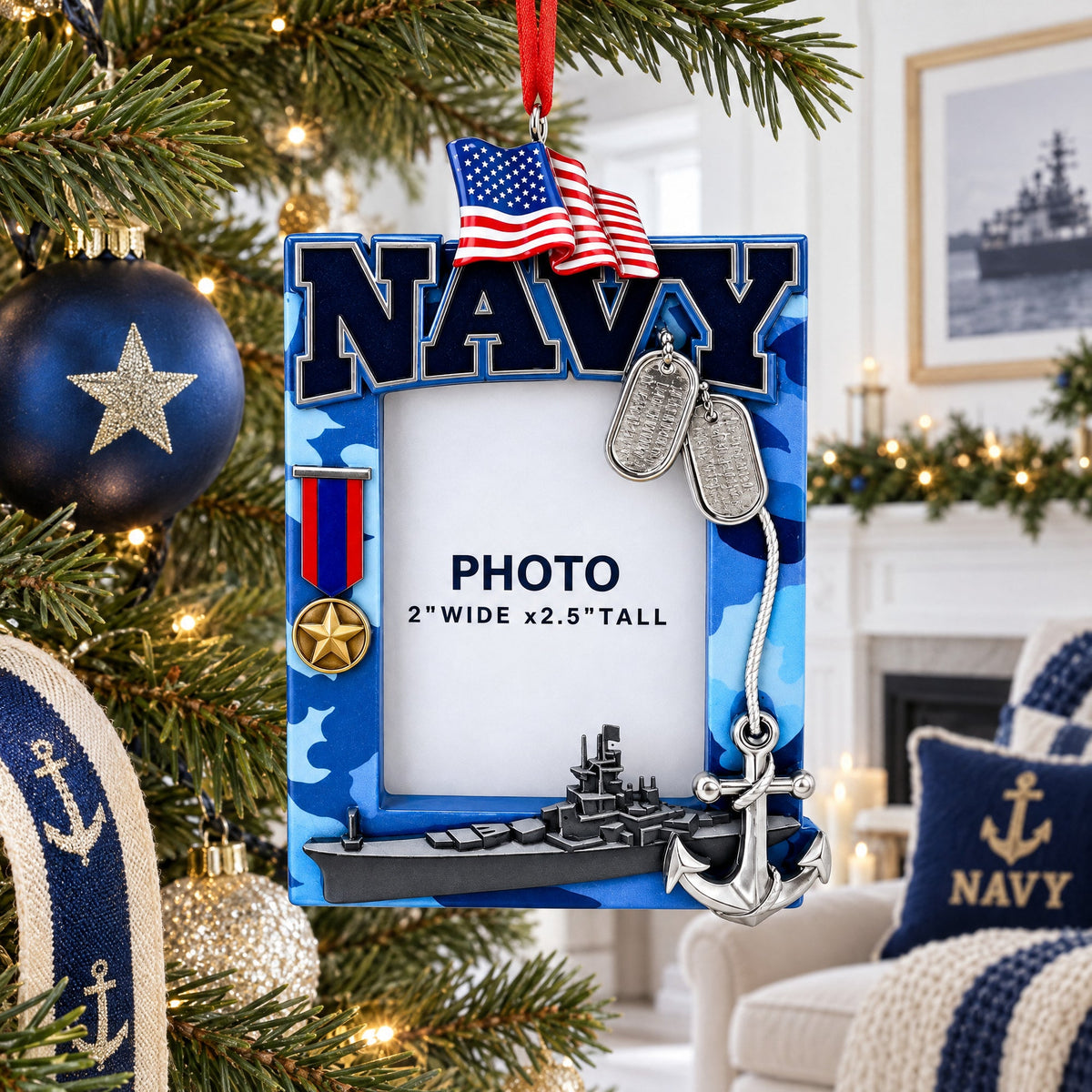 Navy Photo Frame Resin Christmas Ornament