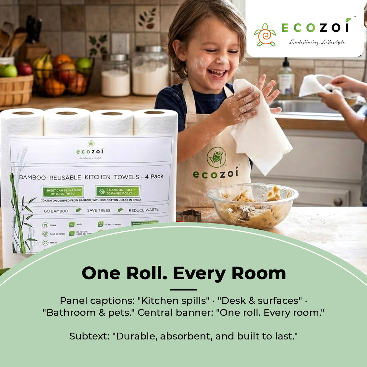 Reusable Bamboo Kitchen Paper Towels - Tree-Free, Eco-Friendly Rolls, 4-Pack