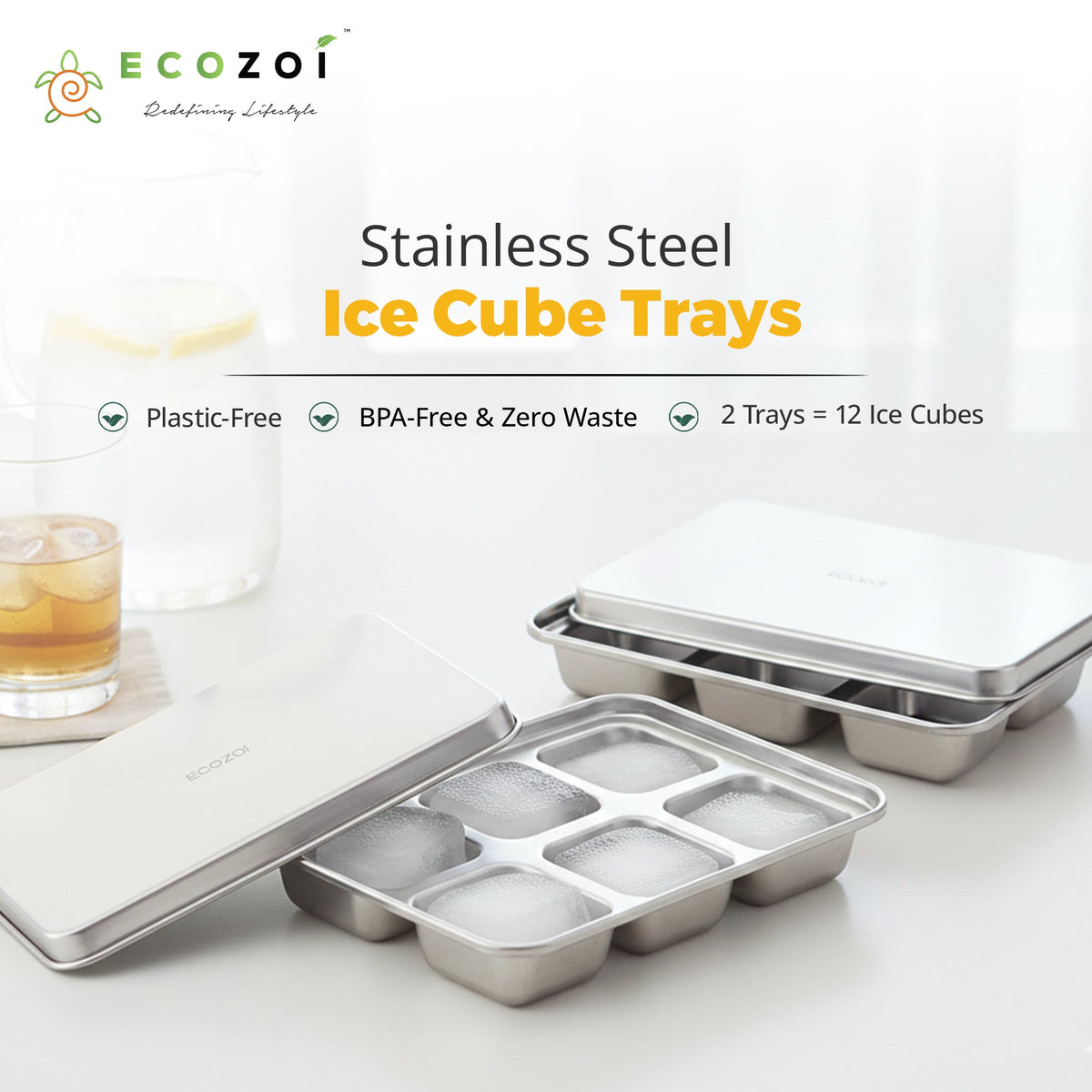 STAINLESS STEEL ICE CUBE TRAYS, 12 Large Cubes, 2 PACK