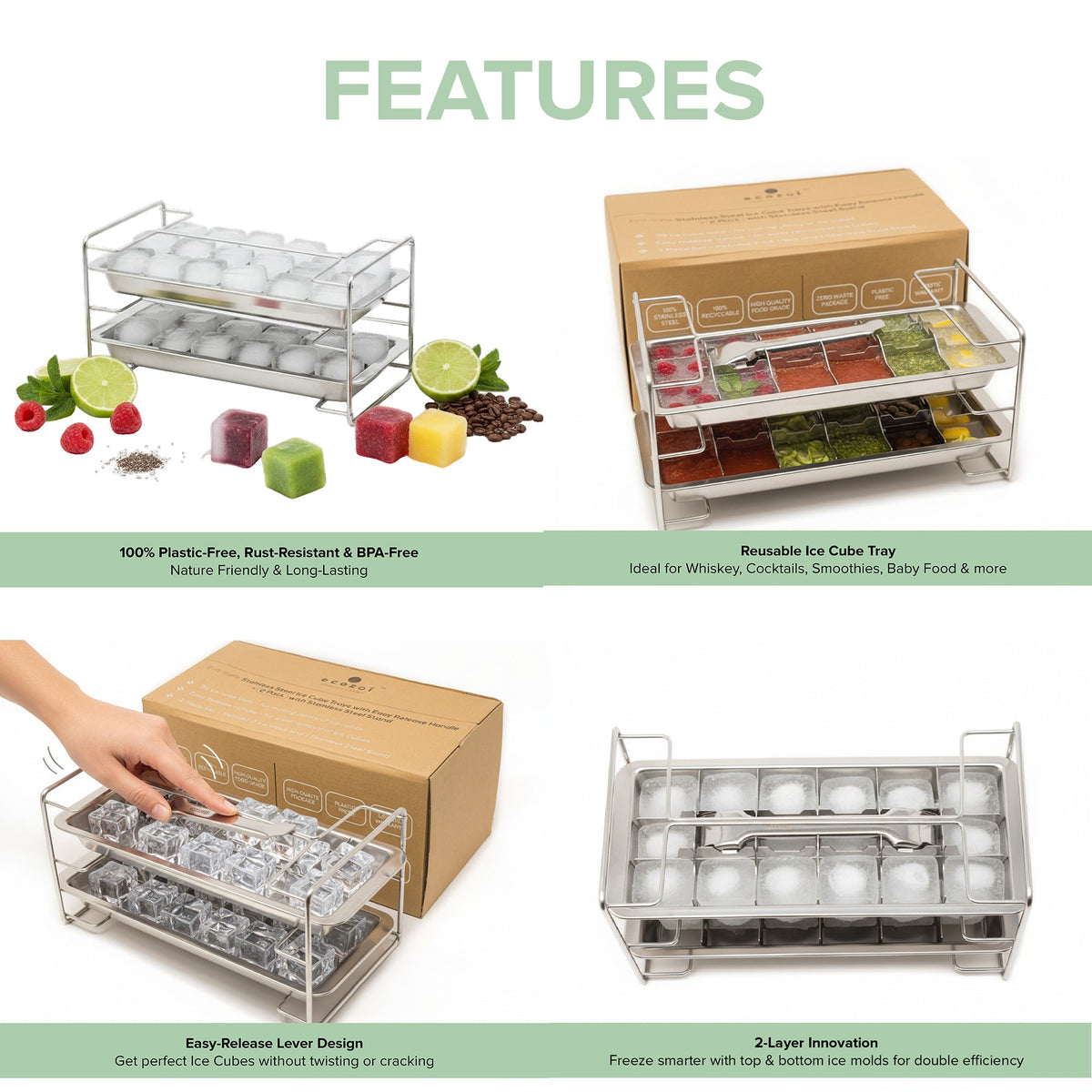 Stainless Steel Ice Cube Trays with Easy Release Handle, 2 Pack with Rack