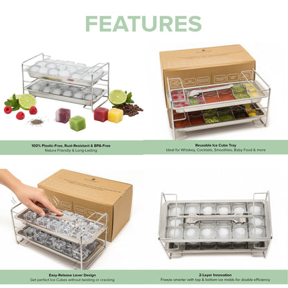Stainless Steel Ice Cube Trays with Easy Release Handle, 2 Pack with Rack