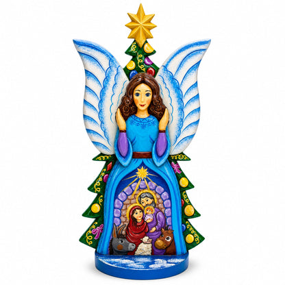 Guardian Angel Nativity Scene Ukrainian Carved Solid Wood Figurine 12 Inches