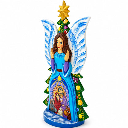 Guardian Angel Nativity Scene Ukrainian Carved Solid Wood Figurine 12 Inches