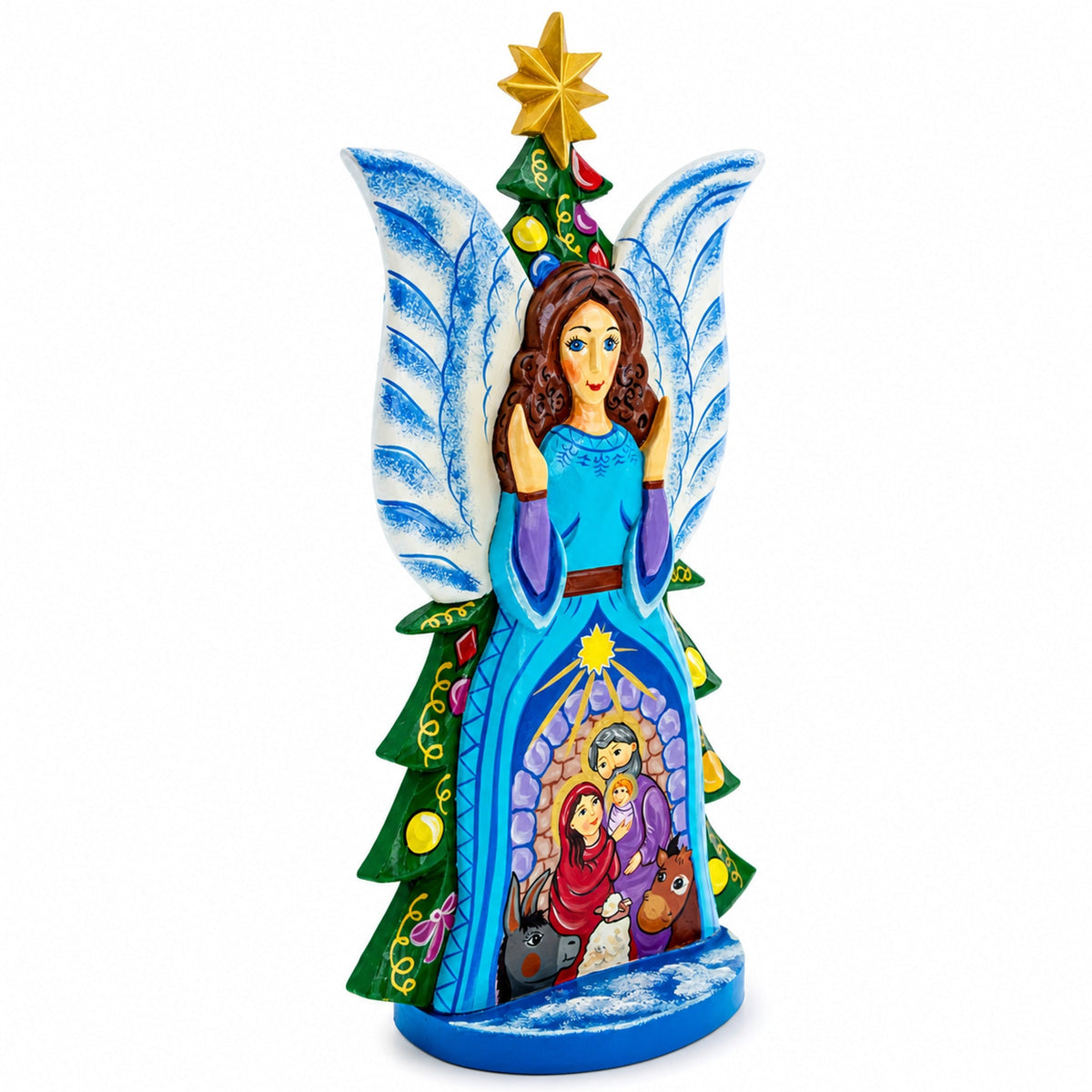Guardian Angel Nativity Scene Ukrainian Carved Solid Wood Figurine 12 Inches