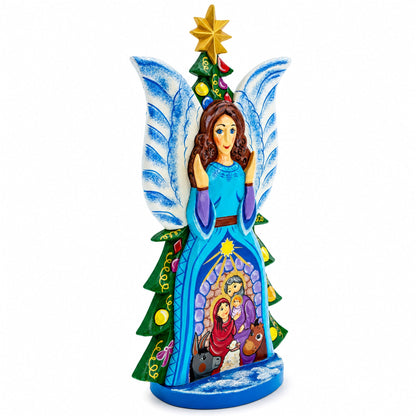 Guardian Angel Nativity Scene Ukrainian Carved Solid Wood Figurine 12 Inches