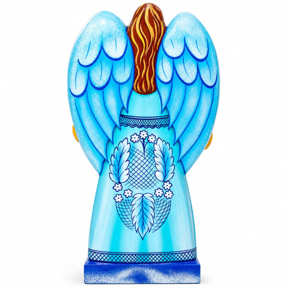 Angel Holding Heart w/ Nativity Scene Ukrainian Hand Carved Solid Wood Figurine 10 Inches