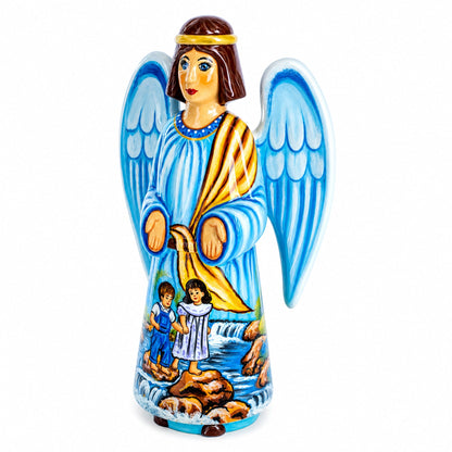 Guardian Angel & Children Ukrainian Hand Carved Solid Wood Figurine 10 Inches