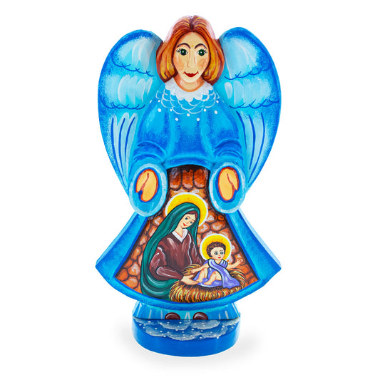 Angel over Nativity Scene Ukrainian Hand Carved Solid Wood Figurine 10 Inches