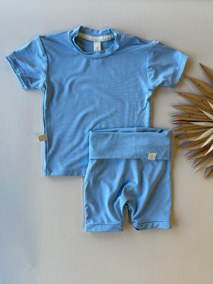 Fold Over Shorties and Short Sleeve Tee Set | Ocean | Luxury Bamboo
