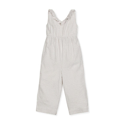 Baby Ruffle Neck Organic Jumpsuit - Taupe Gingham Seersucker
