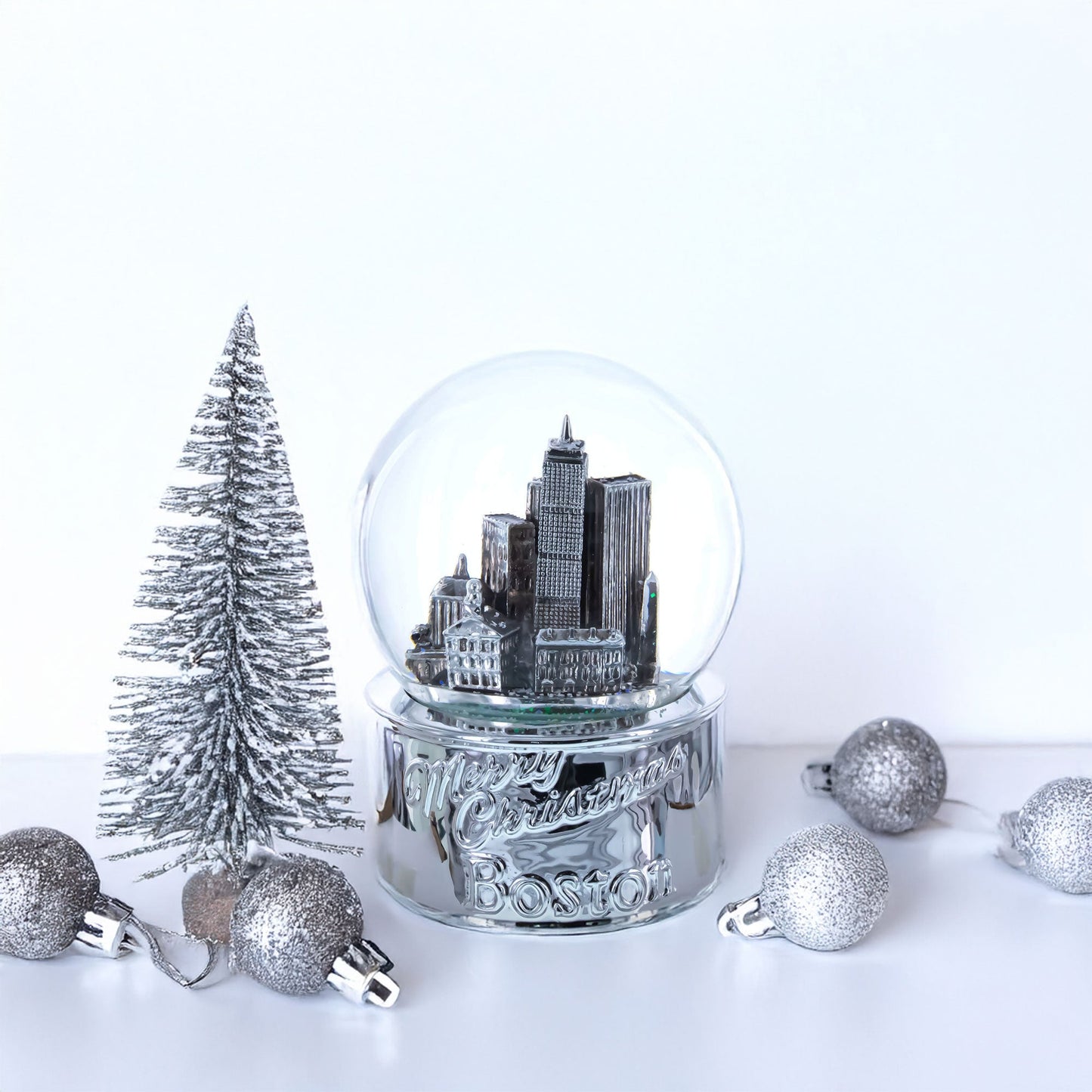 Boston Cityscape Silver Base Glass Water Snow Globe